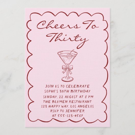 30th Pink “Cheers to Thirty” Martini Birthday 招待状 (正面)