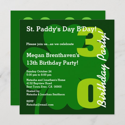 30th ST PATRICK Birthday Party Shamrock A01 招待状 (正面/裏面)
