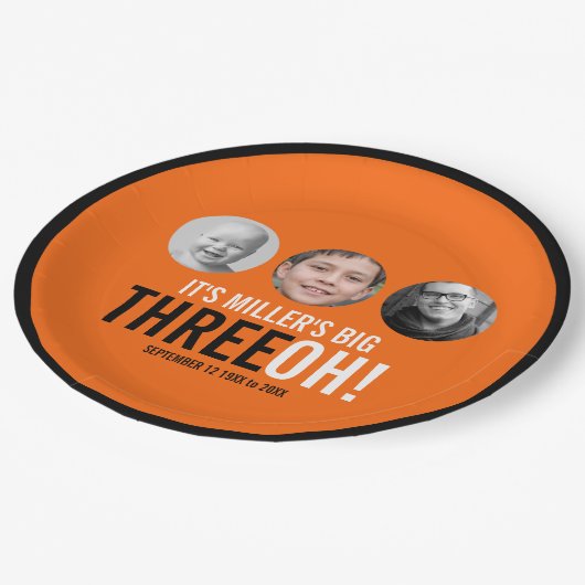 30th Three OH！写真の誕生日オレンジと黒 ペーパープレート (アングル)