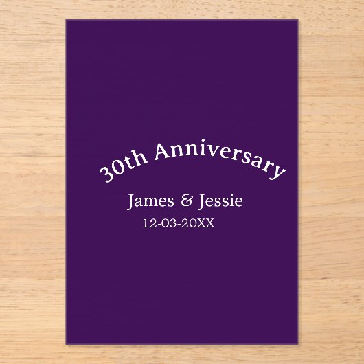 30th wedding anniversary name date purple simple  アクリル招待状 (正面)