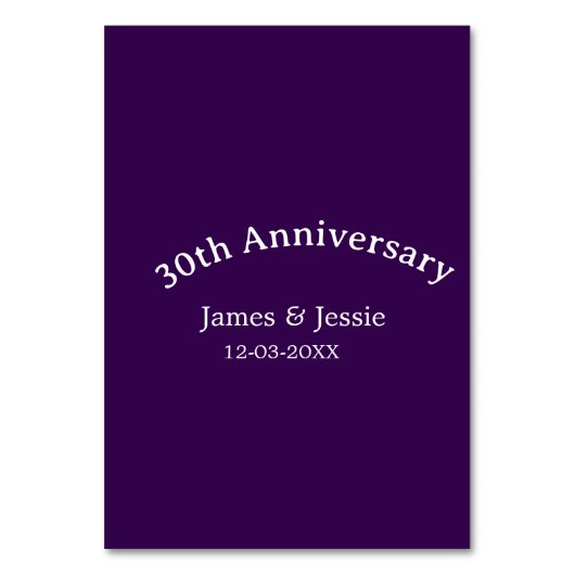30th wedding anniversary name date purple simple  テーブルナンバー (正面)