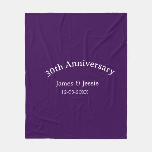 30th wedding anniversary name date purple simple フリースブランケット (正面)
