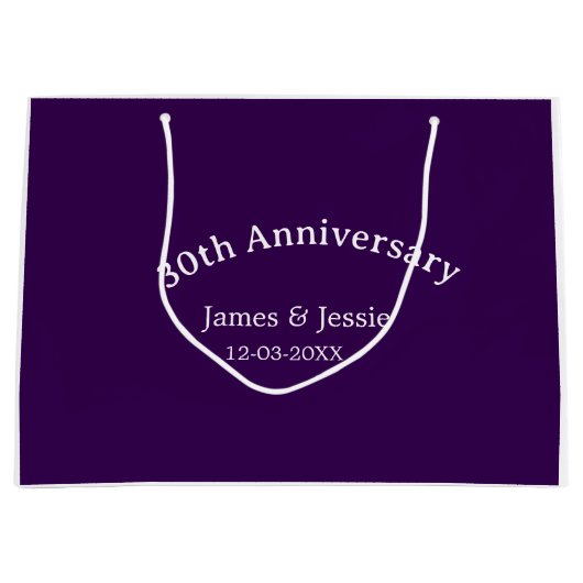 30th wedding anniversary name date purple simple  ラージペーパーバッグ (正面)