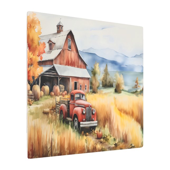 30x20秋の古いピックアップトラックとレッドバーン メタルプリント (アングル)