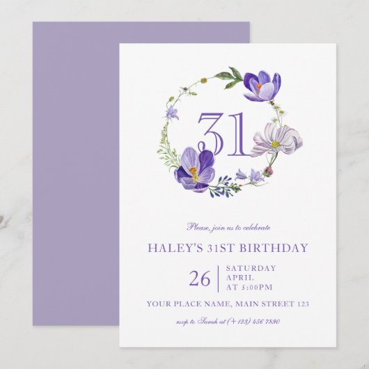 31歳の誕生日おめでとう パープルの花とヴィンテージ 招待状 (正面/裏面)