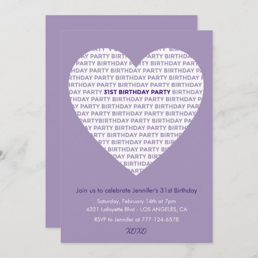 31歳の誕生日の招待ガールタイポグラフィパープル 招待状 (正面/裏面)