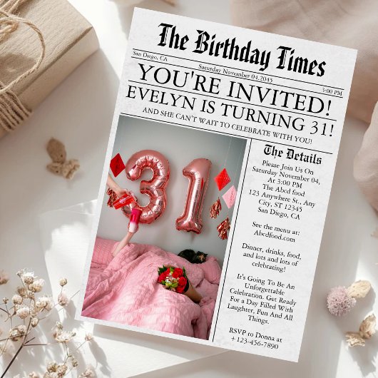 31歳の誕生日パーティーのユニークな新聞風写真 招待状