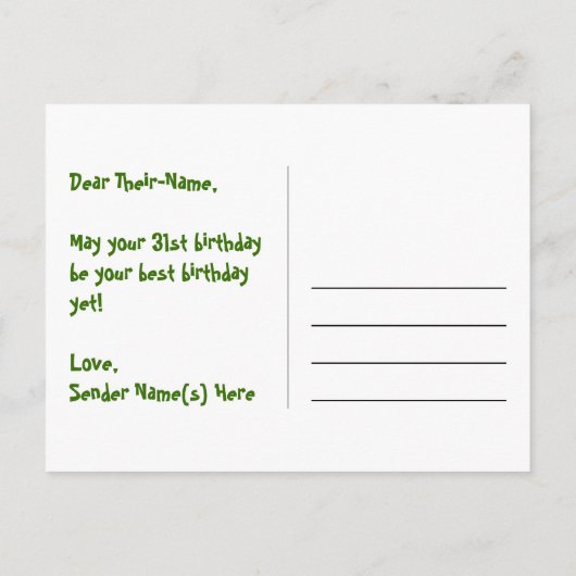 31歳の誕生日：ピンクのストライプとハート、レインボー31 ポストカード (裏面)