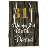 31番目の誕生日エレガント:フェイク金ゴールドルック#、フェイクWood ミディアムペーパーバッグ (正面)