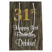 31番目の誕生日エレガント:フェイク金ゴールドルック#、フェイクWood ミディアムペーパーバッグ (裏面)