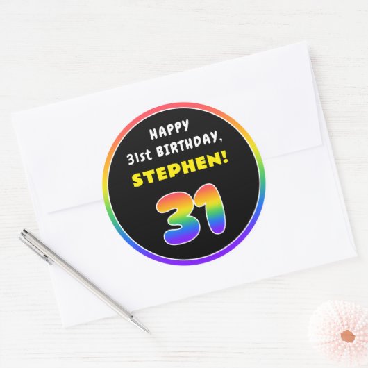 31番目の誕生日カラフル: Rainbow # 31,名前をカスタムする ラウンドシール (封筒)