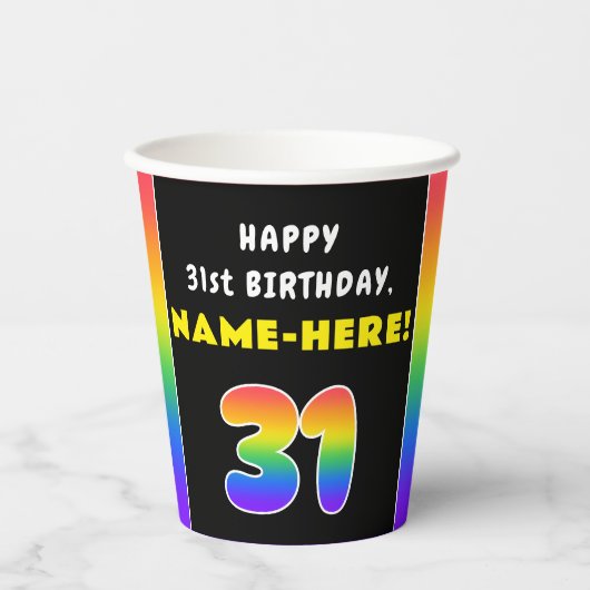 31番目の誕生日カラフル: Rainbow # 31,名前をカスタムする 紙コップ (正面)