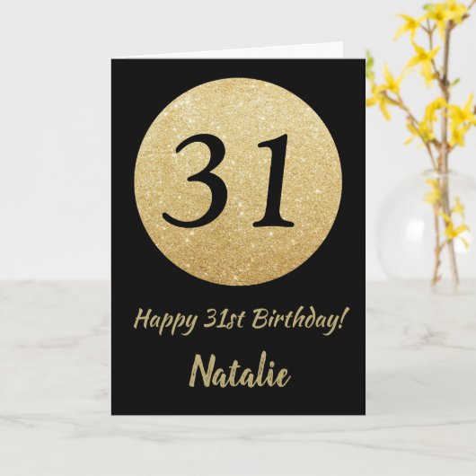 31番目の誕生日ブラックと金ゴールドグリッターカード カード (黄色い花)