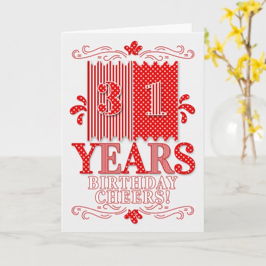 31番目の誕生日赤と白水玉模様とストライプ カード (黄色い花)