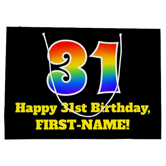 31番目の誕生日～おもしろい, カラフル, 鮮やか, Rainbow 31 ラージペーパーバッグ (裏面)