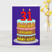 31誕生日:おもしろいケーキとキャンドル+名前をカスタムする カード (黄色い花)