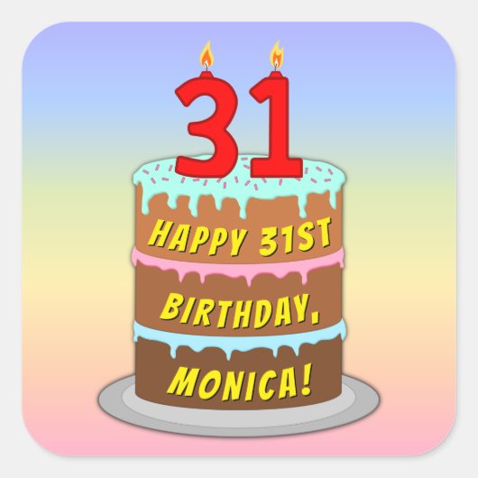 31誕生日:おもしろいケーキとキャンドル+名前をカスタムする スクエアシール (正面)