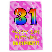 31誕生日:おもしろいピンクハートストライプ、レインボー31 ミディアムペーパーバッグ (正面)