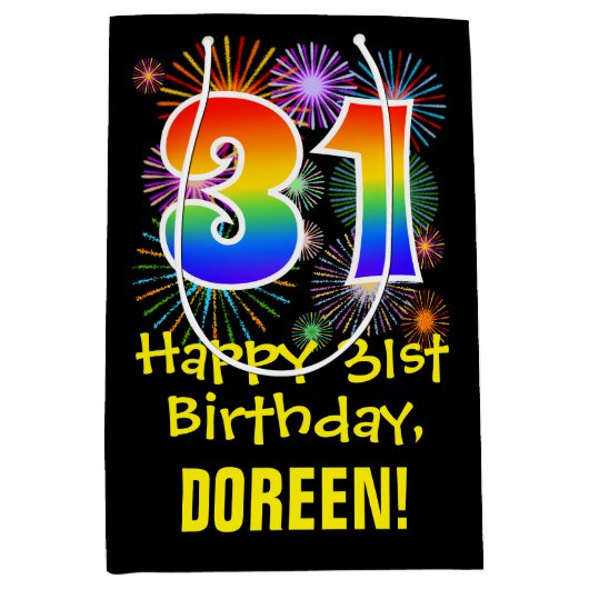 31誕生日:おもしろい花火パターン+虹31 ミディアムペーパーバッグ (正面)