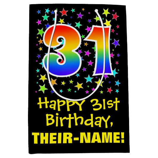 31誕生日:カラフルスターズパターン&レインボー31 ミディアムペーパーバッグ (正面)