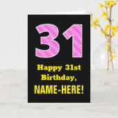 31誕生日:ピンクストライプのハートと31+名前 カード (黄色い花)