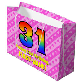31誕生日：ピンクストライプのハート、レインボー# 31 ラージペーパーバッグ