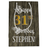 31誕生日:フェイク金ゴールドルック&ウッドフェイクパターン ミディアムペーパーバッグ (正面)