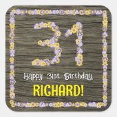 31誕生日:フローラ番号、フェイク木目、名前 スクエアシール (正面)