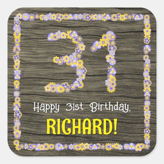 31誕生日:フローラ番号、フェイク木目、名前 スクエアシール (正面)