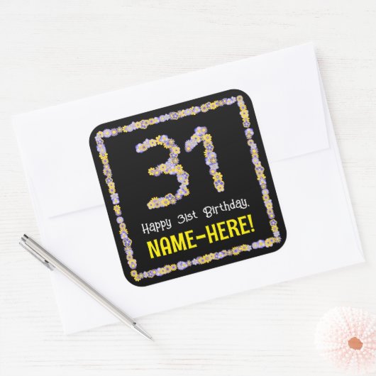 31誕生日:フローラ花数、名前をカスタムする スクエアシール (封筒)