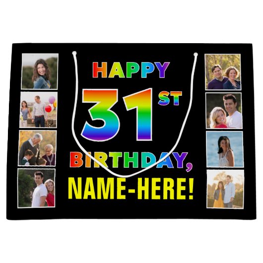 31誕生日:レインボー文字カスタム、写真&名前 ラージペーパーバッグ (正面)
