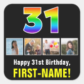 31誕生日:レインボー「31」、写真カスタムと名前 スクエアシール (正面)