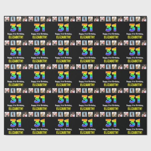 31誕生日：レインボー「31」、写真カスタムと名前 ラッピングペーパー (シーム)