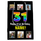 31誕生日: Rainbow "31"，写真カスタムと名前 ミディアムペーパーバッグ (正面)
