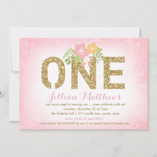 311ののどの金ゴールドのグリッター1つの最初誕生日 招待状 (正面)