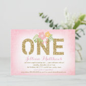 311ののどの金ゴールドのグリッター1つの最初誕生日 招待状 (スタンド正面)