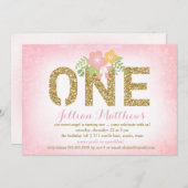 311ののどの金ゴールドのグリッター1つの最初誕生日 招待状 (正面/裏面)