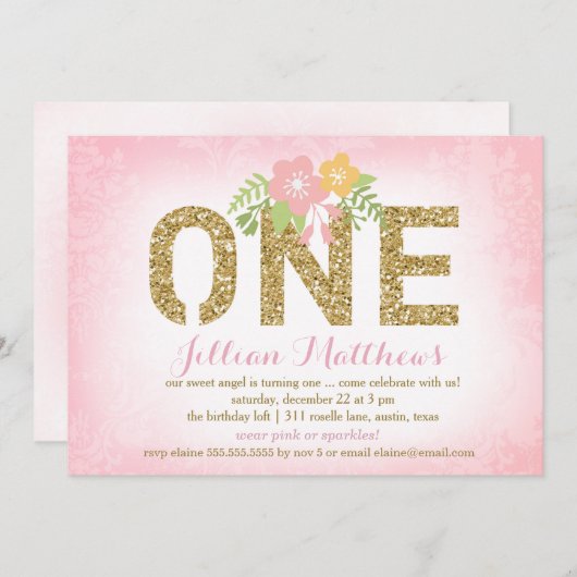 311ののどの金ゴールドのグリッター1つの最初誕生日 招待状 (正面/裏面)