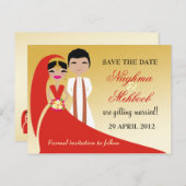 311インディアン新郎新婦の日付を保存 案内ポストカード (正面/裏面)