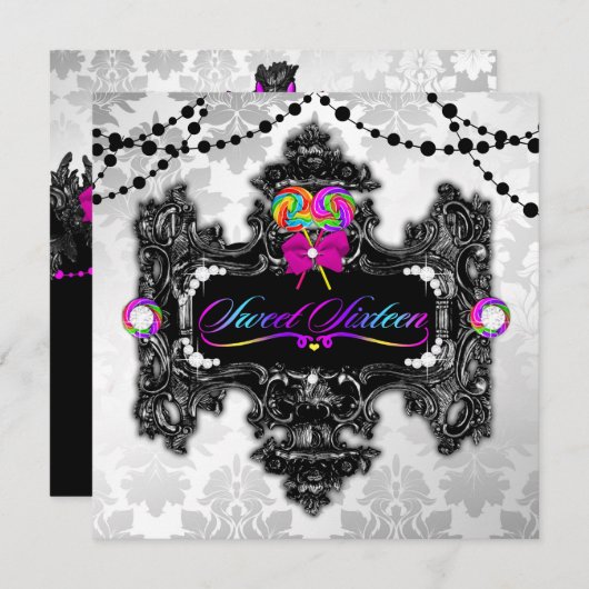 311キャンデーの不思議の国の菓子16の白のダマスク織 招待状 (正面/裏面)