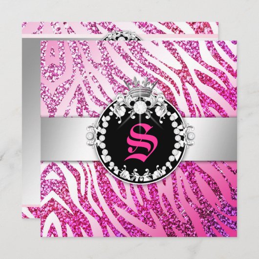 311グリッターの女王のシマウマのピンク及び紫色(どの年齢でも) 招待状 (正面/裏面)