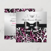 311シックホットブラックnピンクレオパードボウ|スイート16 招待状 (正面/裏面)