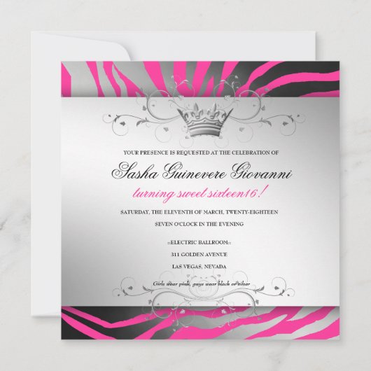 311シマウマのきらめくの黒の弓ショッキングピンク|の菓子16 招待状 (裏面)