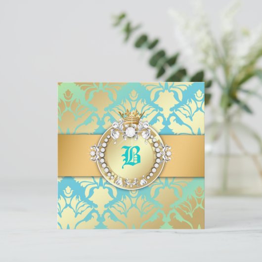 311ダマスク織のきらめくの女王の菓子16のTurquioseのライム 招待状 (スタンド正面)