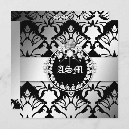 311ダマスク織のきらめくの女王のSweet sixteenの白黒 招待状 (正面/裏面)