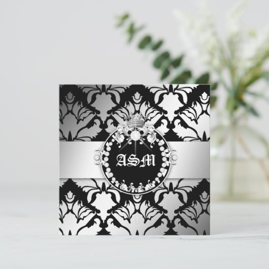 311ダマスク織のきらめくの女王のSweet sixteenの白黒 招待状 (スタンド正面)