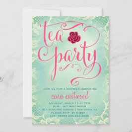 311ティーパーティーヴィンテージティール（緑がかった色）ピンクレース 招待状