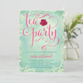 311ティーパーティーヴィンテージティール（緑がかった色）ピンクレース 招待状 (スタンド正面)