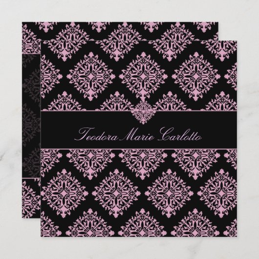 311テオドラのピンクと黒いダマスク織の招待状 招待状 (正面/裏面)