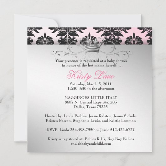 311ブラックベリーの大切なピンクのダマスク織|のベビーシャワー 招待状 (裏面)